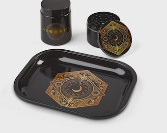 Juego de accesorios celestiales del zodíaco: bandeja metálica, recipiente de vidrio con protección UV y molinillo de especias de aleación de zinc.