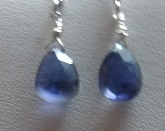 Genuine Iolite briolette in sterling silver wire dangle earrings