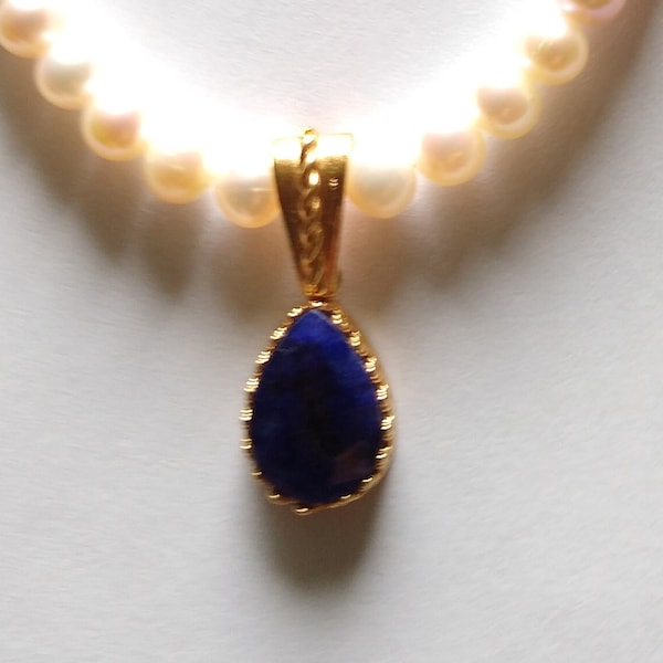 14kt gold fill natural  sapphire gemstone, round pearl pendant necklace with gold fill bead, filigree box clasp