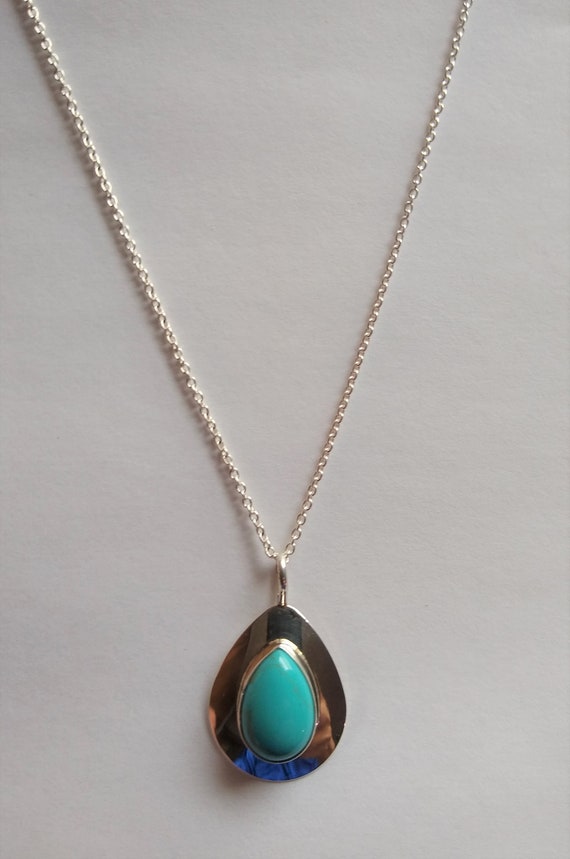 Collana Con Ciondolo A Goccia Argento 925 E Turchese Simulato - Silverly - Catena 46cm - Incluso Panno Lucidante