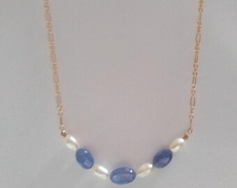Genuine Tanzanite and Pearl; bead necklace, 14 kt gold fill, 18 in , spring ring clasp