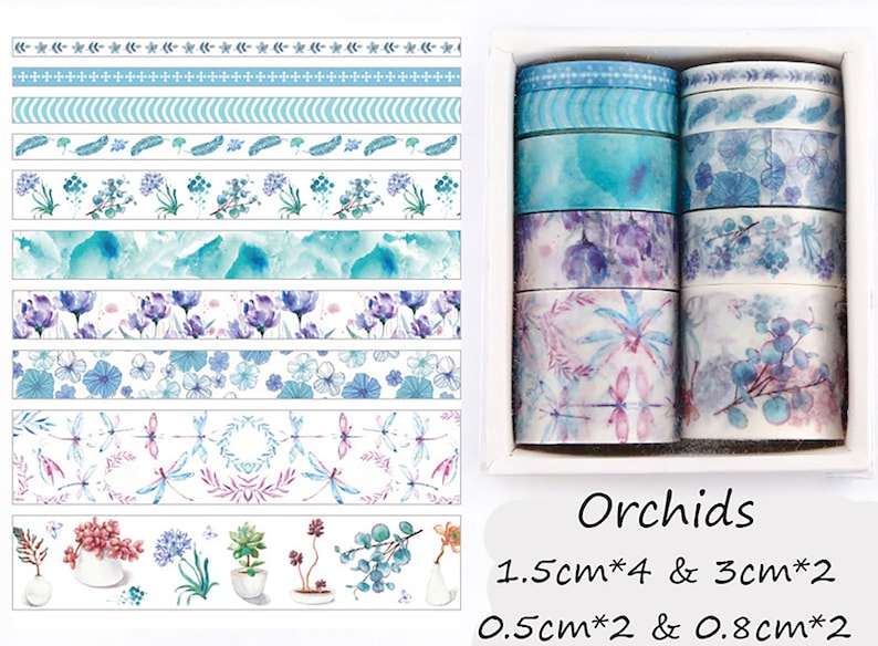 May include: A set of 10 washi tapes featuring floral and nature-inspired designs in shades of blue, purple, and pink. The tapes are packaged in a white box with the text "Orchids 1.5cm*4 & 3cm*2 0.5cm*2 & 0.8cm*2".