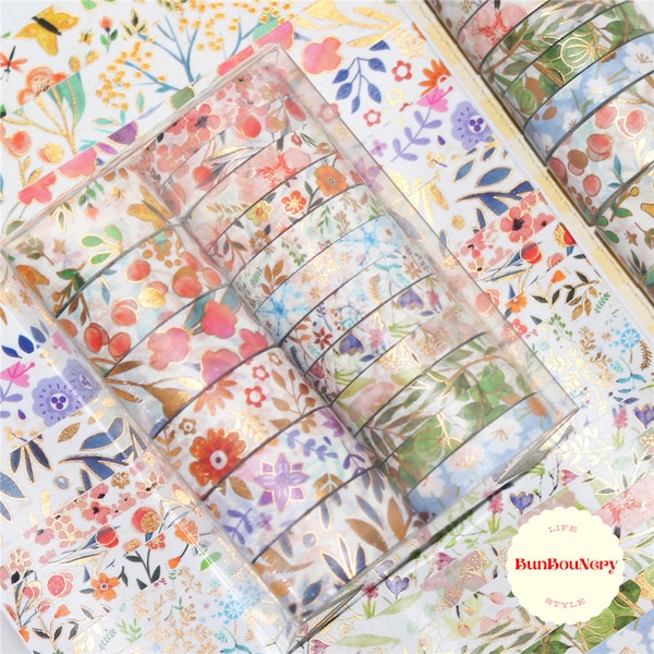 6 Style 50cm Japan Gold Foil Garden Flowers, Floral & Leaves Washi Tape sample set| Lavender - Tulip - Eucalyptus - Magnolia