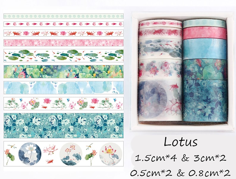 May include: A set of 10 washi tapes with watercolor designs featuring lotus flowers, leaves, and fish. The tapes are in a variety of widths, including 1.5 inches, 3 inches, 0.5 inches, and 0.8 inches. The tapes are packaged in a clear plastic box with the text "Lotus" and the dimensions of the tapes printed on the box.