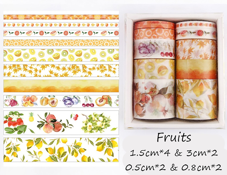 May include: A set of ten washi tapes featuring various fruit designs. The tapes are in a white box with the text "Fruits 1.5cm*4 & 3cm*2 0.5cm*2 & 0.8cm*2".