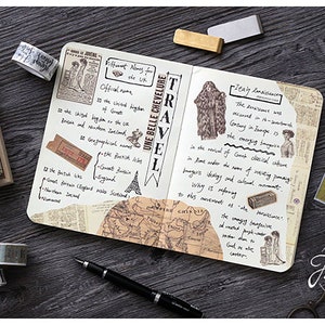 May include: A collection of decorative washi tapes with various patterns and designs, including a map, a vintage travel poster, and a floral pattern. The tapes are arranged on a wooden surface with a notebook and other stationery items.