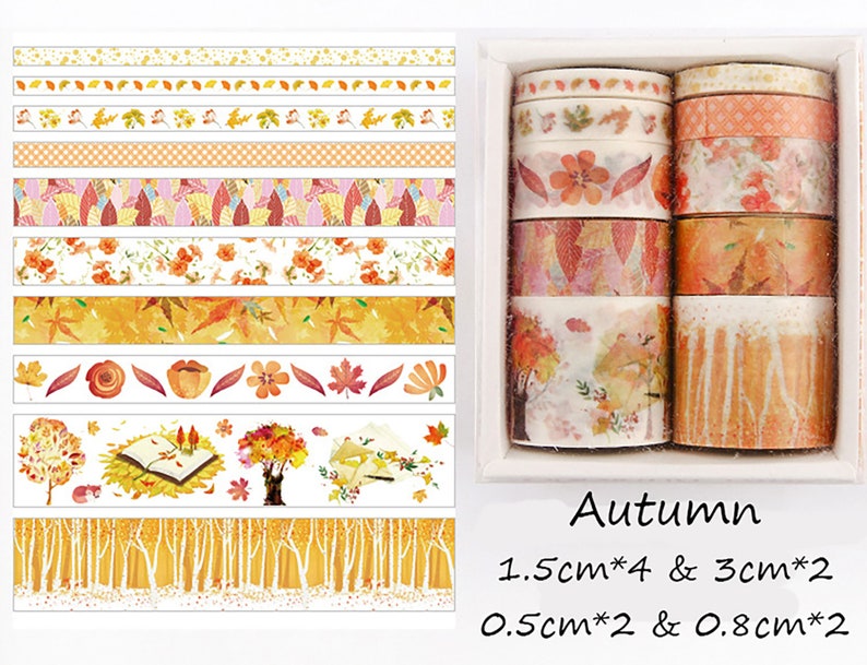 May include: A set of 10 washi tapes with autumn-themed designs. The tapes feature various patterns, including leaves, flowers, trees, and a book. The tapes are in a variety of colors, including orange, yellow, brown, and white. The tapes are packaged in a clear plastic box with the text "Autumn" and the measurements "1.5cm*4 & 3cm*2 0.5cm*2 & 0.8cm*2".