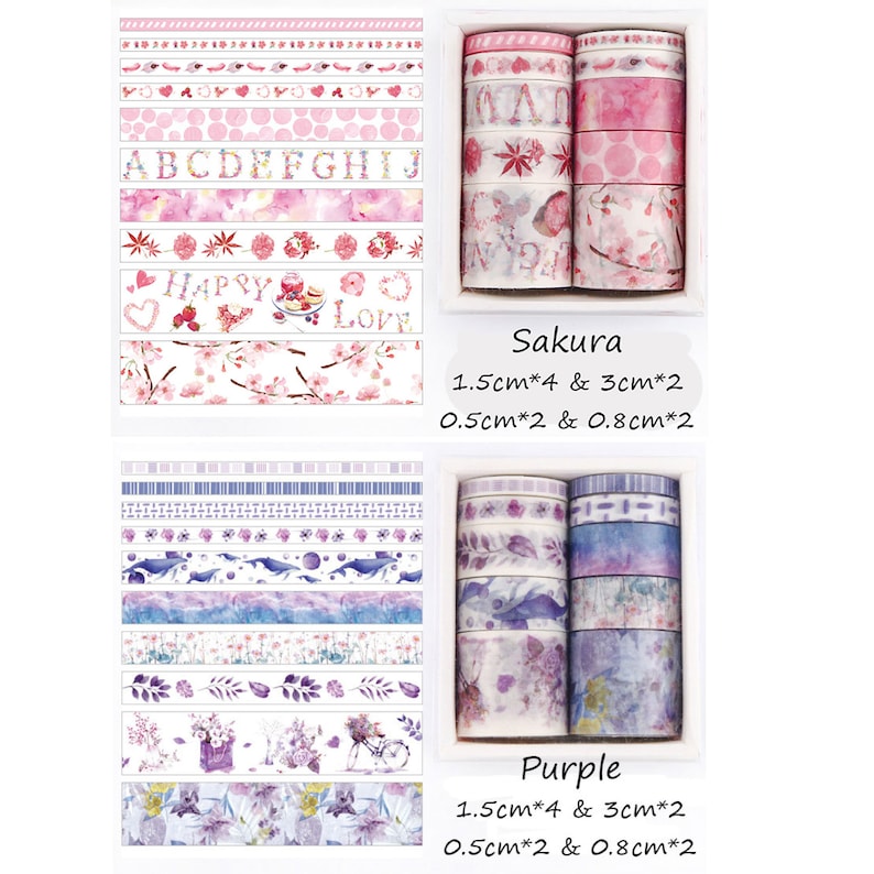 May include: Two sets of washi tape rolls in a pink and purple color scheme. The pink set includes rolls with floral patterns, polka dots, and letters. The purple set includes rolls with floral patterns, leaves, and a bicycle. The text on the image reads "Sakura 1.5cm*4 & 3cm*2 0.5cm*2 & 0.8cm*2" and "Purple 1.5cm*4 & 3cm*2 0.5cm*2 & 0.8cm*2".