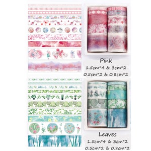 May include: Two sets of washi tape rolls. The first set is pink with floral and watercolor designs. The second set is green and blue with floral, leaf, and watercolor designs. The text on the image reads "Pink 1.5cm*4 & 3cm*2 0.5cm*2 & 0.8cm*2" and "Leaves 1.5cm*4 & 3cm*2 0.5cm*2 & 0.8cm*2".