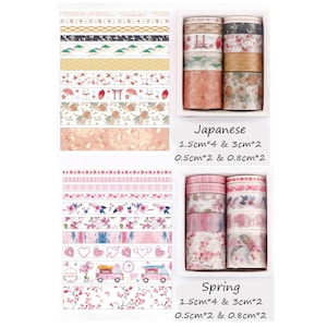 May include: Two sets of washi tape rolls with Japanese and Spring themes. Each set includes 10 rolls in various floral and geometric patterns. The rolls are 1.5 cm, 3 cm, 0.5 cm, and 0.8 cm wide.