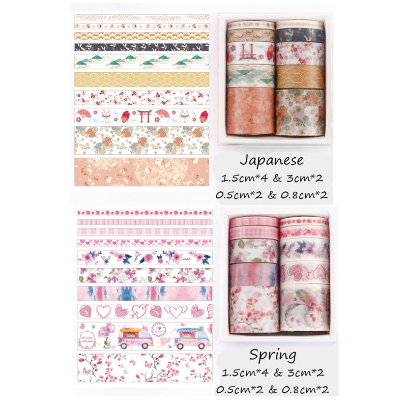 May include: Two sets of washi tape rolls with Japanese and Spring themes. Each set includes 10 rolls in various floral and geometric patterns. The rolls are 1.5 cm, 3 cm, 0.5 cm, and 0.8 cm wide.