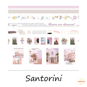 May include: A collage of images featuring the Greek island of Santorini. The collage includes photos of white buildings with blue accents, a cactus, a bicycle, and a quote about love. The text "Santorini" is written in cursive at the bottom of the collage.