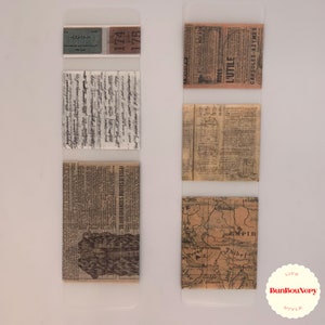 May include: Four vintage paper scraps with text and images. The top left scrap has the numbers 174 and 175. The top right scrap has the text "RIDES L'UTILE CAPSULES-AZYMES". The bottom left scrap has the text "20.000 GRANDES BOITES D'ESSAI". The bottom right scrap is a map with the text "EMPIR" and "Turkestane Thiber".