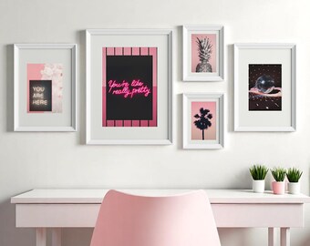 Pink and Black Glam Girl Art Prints, Retro Dorm Decor Set of 5 Posters, Trendy Bedroom Quotes Wall Decor