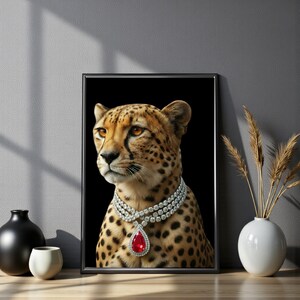 May include: Framed art print featuring a cheetah wearing a diamond necklace with a large red pendant. The cheetah has a spotted coat and is set against a black background. The print is displayed on a wooden surface.