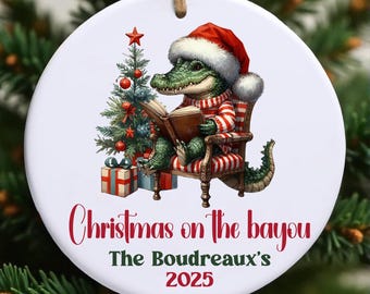 Custom Louisiana Christmas on the Bayou Ornament, Cajun Swamp Alligator Holiday Gift, Personalized Southern Coastal Decor