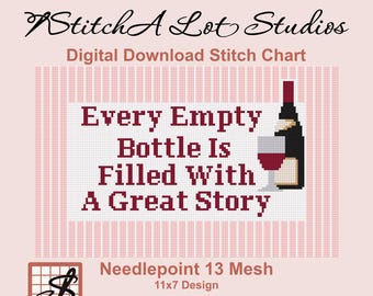 Wein Zitat Nadelspitze Stichmuster PDF, lustiges Bar Warenkorb Weinflasche und Glas Nadelspitze Design, 13 Mesh Leinwand, sofortiger digitaler Download