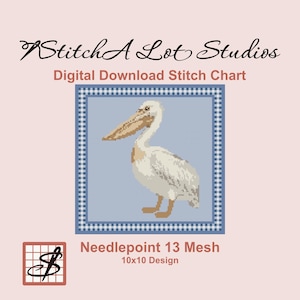 May include: Digital download stitch chart featuring a cross-stitch design of a pelican. The pelican is white and beige, set against a blue background with a checkered border. The text "Stitch A Lot Studios" and "Needlepoint 13 Mesh" are also included.