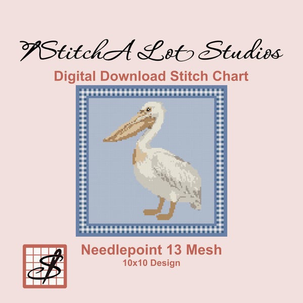 Küsten Pelikan Vogel mit blauen Gingham Nadelspitze Stichmuster, Charme des Südländers 13 Mesh Canvas Nadelspitze Design, Instant Download