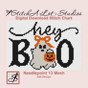 May include: A digital cross stitch chart titled StitchA Lot Studios featuring the text hey BOO in black, a light gray ghost with an orange bow, and an orange jack-o'-lantern bucket. The design is labeled as Needlepoint 13 Mesh 4x6 design.
