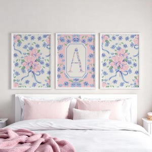 Floral Custom Initial Letter Set of 3 Prints For College Dorm, Preppy Pink and Blue Coquette Monogram Art for Nursery or Girls Bedroom Decor