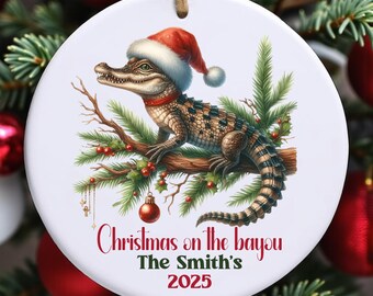Custom Louisiana Christmas on the Bayou Ornament, Cajun Swamp Alligator Holiday Gift, Personalized Southern Coastal Decor