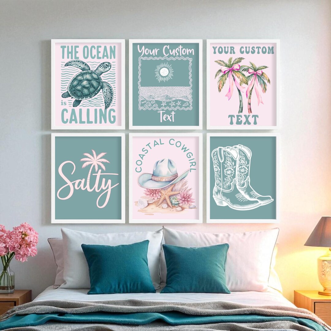 Coastal Cowgirl Beach Dorm Decor, Pink & Green Preppy Custom Wall Art ...