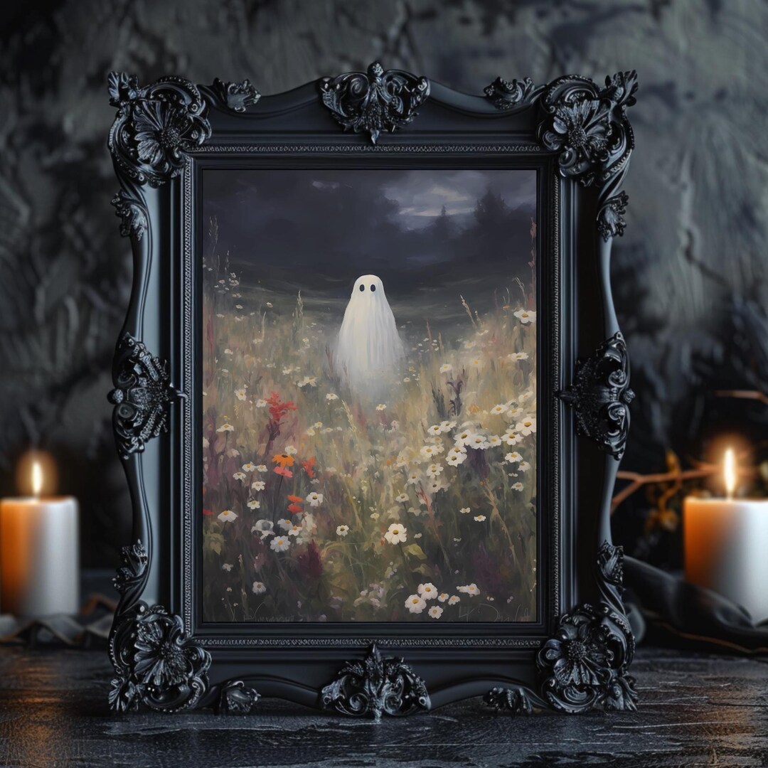 Cute Ghost in Flowers Art Print, Haunting Halloween Wall Decor, Dark ...