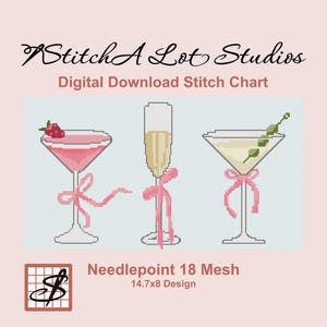 Martini & Champagne Cocktails with Pink Bows Needlepoint Stitch Chart, Bar Cart Paint Chart Design, 18 Mesh Trendy Canvas, Digital Download