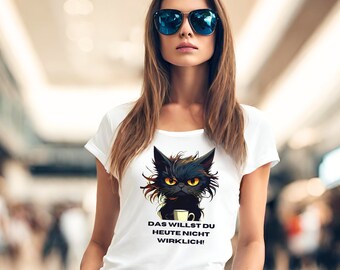 Women's T-shirt with black cat and coffee cup with funny saying, gift, mother's day, girlfriend, funny, cat decor