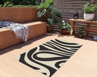 Tapis d'extérieur pour terrasse ou balcon, motif zèbre sur fond crème, décor graphique 90x150