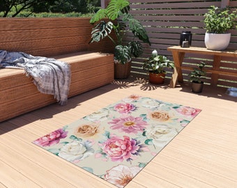 Tapis d'extérieur à fleurs et feuilles, déco colorée 90 x 150 cm pour terrasse ou balcon