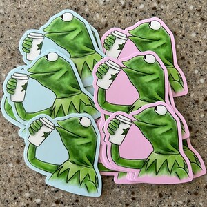 Kermit the Frog sticker, Muppets-inspired sticker, Kermit drinking coffee