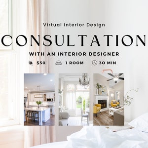 Puede incluir: Consulta virtual de diseño de interiores con un diseñador de interiores por 50 €. La consulta incluye una habitación y dura 30 minutos. La imagen muestra tres habitaciones diferentes: una cocina, una sala de estar y un dormitorio.