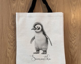 Personalised tote bag, woven linen effect tote bag, personalised bag, sketched penguin tote bag, cute penguin bag, personalised penguin bag