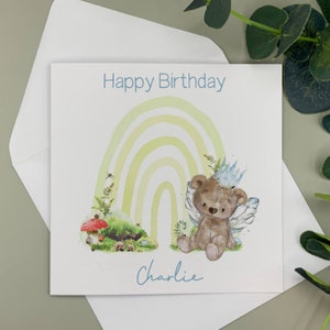 personalised teddy bear with crown and  fairy wings birthday card, 1st, 2nd, 3rd etc. birthday card,