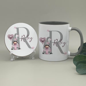 Personalised gonk mug and / or matching coaster, pink and grey gonk, male or female gonk , white pink or grey mug, gonk mug /coaster