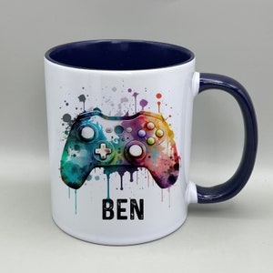 Personalised Gamer mug, gamer mug & coaster, gaming mug and coaster, games controller mug, paint splash, paint drip mug, rainbow controller