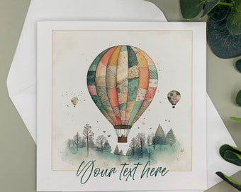 Personalised hot air balloon card,  good luck card, adventure card, bon voyage card, custom text card, fathers day, anniversary, mother day