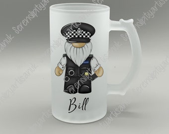 Personalised policeman gonk , police woman gonk  gifts, beer stein, coaster, mug and greeting card