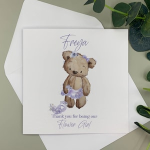 Flower girl and page boy thank you cards , flower girl and page boy teddy bears, pink or purple flower girl, blue bow tie page boy