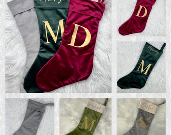 Personalised stocking, personalised velvet Christmas stocking, name & initial on stocking, Available in grey, green, red or olive