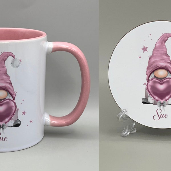 Personalised pink  gonk mug and circular coaster  set, PINK gonk on either a  white or pink handled mug with a matching round coaster