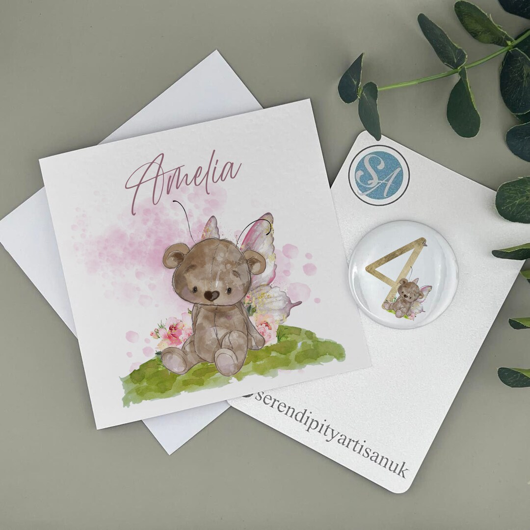 Personalised Teddy Fairy Birthday Card and Badge Set, Butterfly Teddy ...