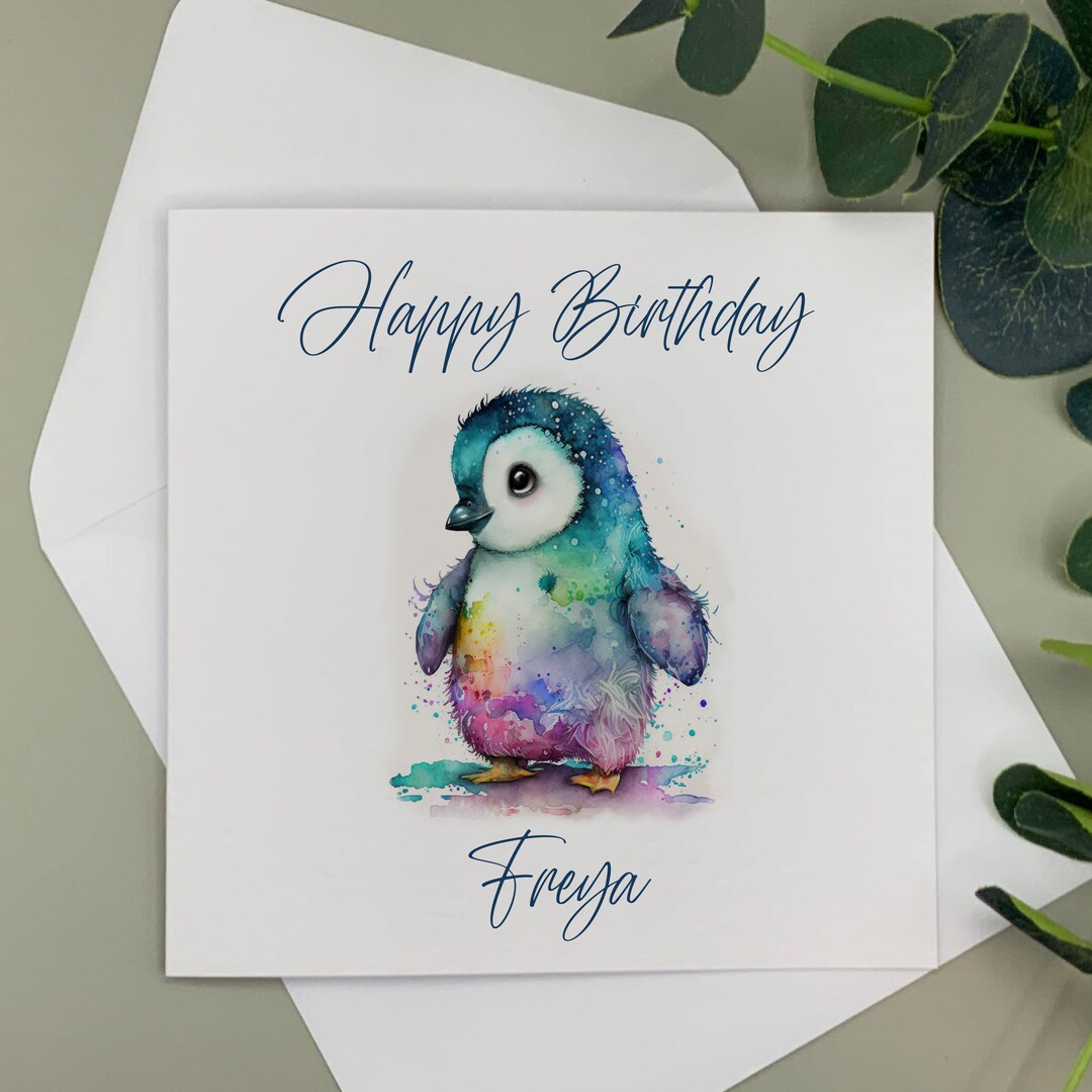 Personalised Rainbow Penguin Birthday Card, Custom Greeting Card ...
