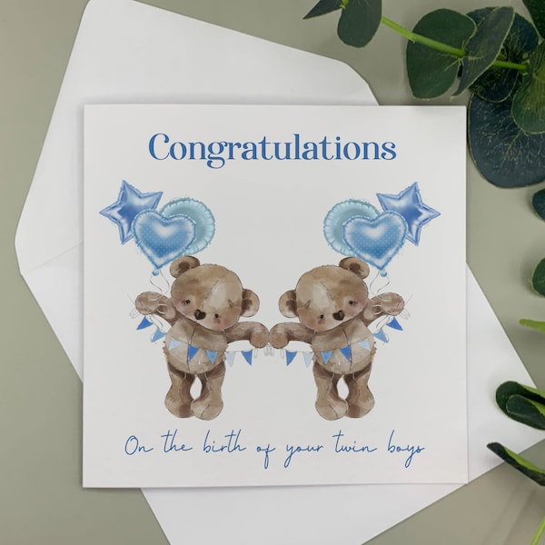 personalised twins card, new babies card, congratulations card, birth of twins card, teddy bear with pink or blue balloons card, new babies