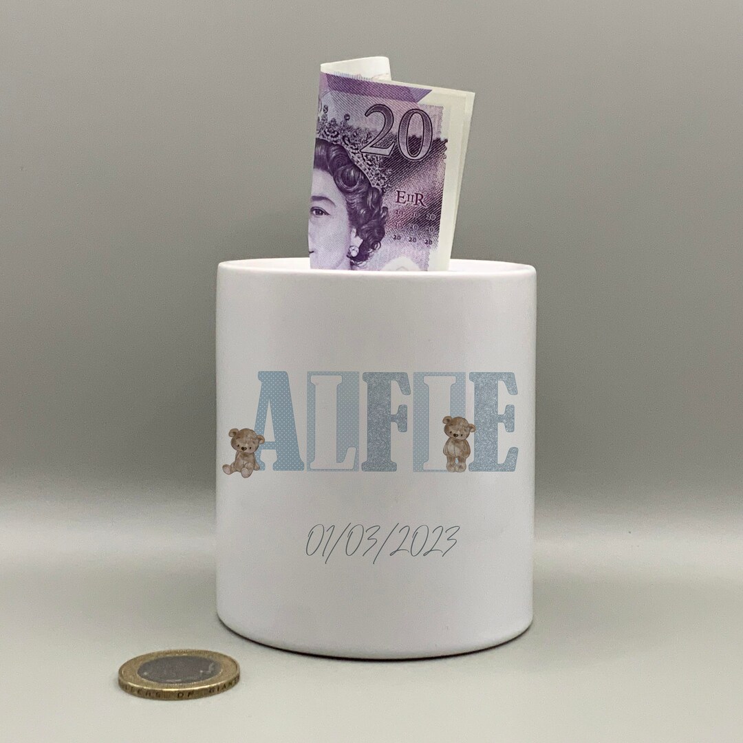 Personalised Teddy Bear Money Box, Ceramic Money Box, Teddy Alphabet