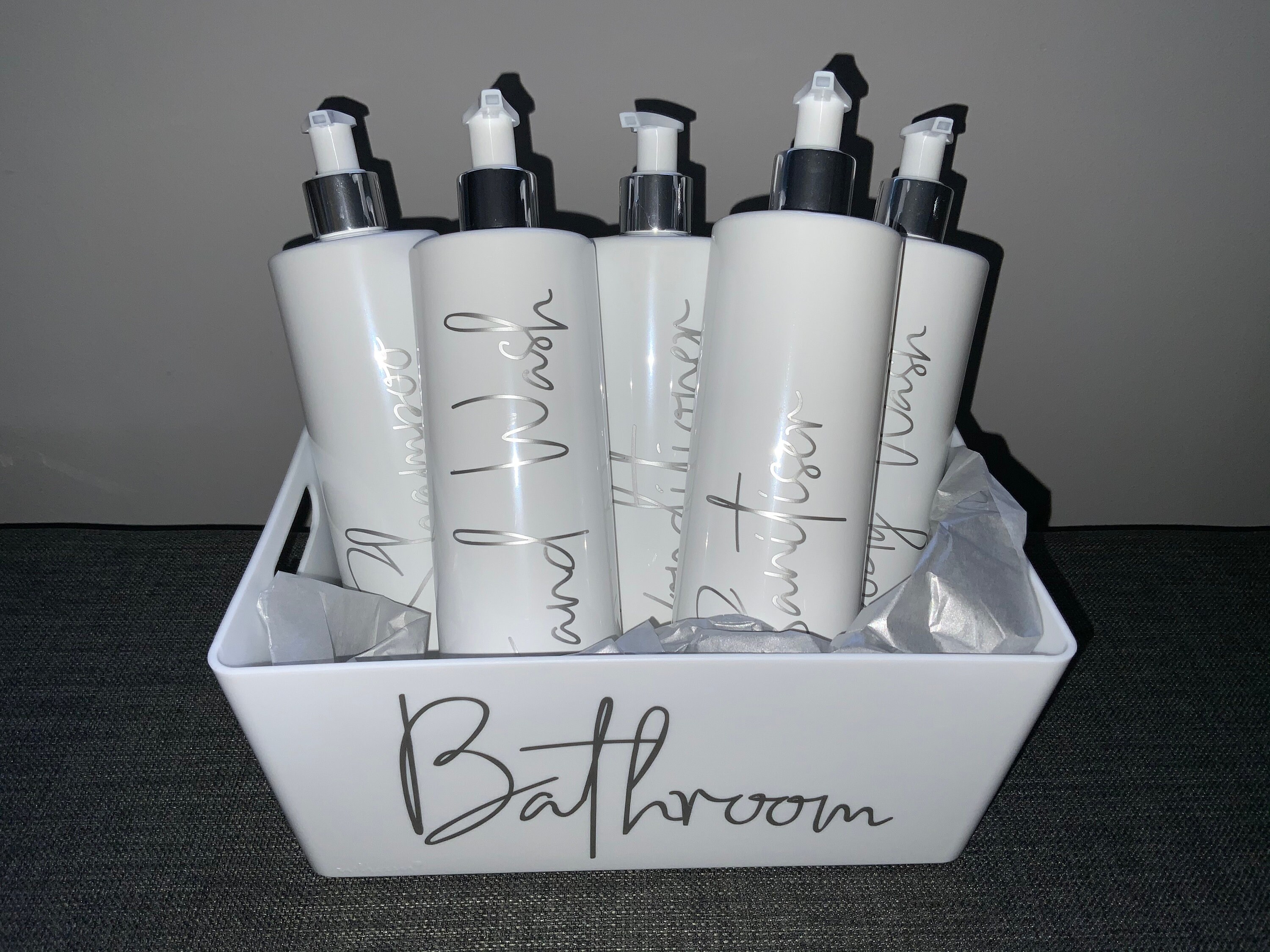 Bathroom gift set of a storage basket and 5 pump bottles | Etsy