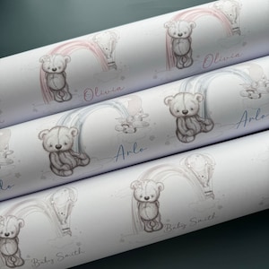 papel de embrulho personalizado, papel de embrulho personalizado em ursinho de pelúcia rosa, azul ou cinza, design arco-íris personalizado com nome 60cm x 90cm