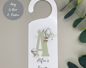 Door hanger, Personalised bedroom door hanger, nursery door hanger, child’s room, nursery decor, pink, blue, green or beige hot air balloon